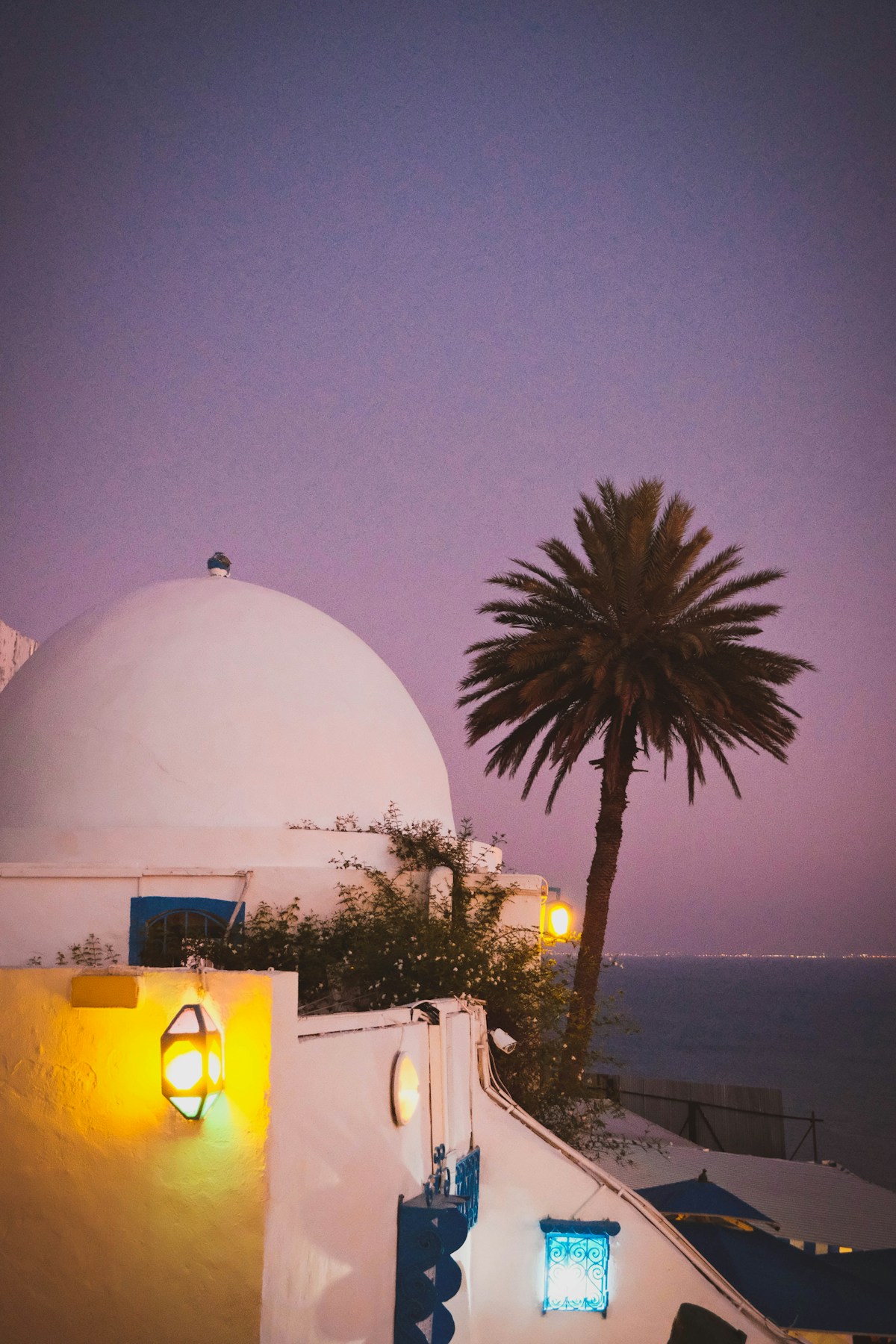 White domed Tunisian building with palm tree and the sea visible at dusk, Sidi Bou Said area, Tunisia