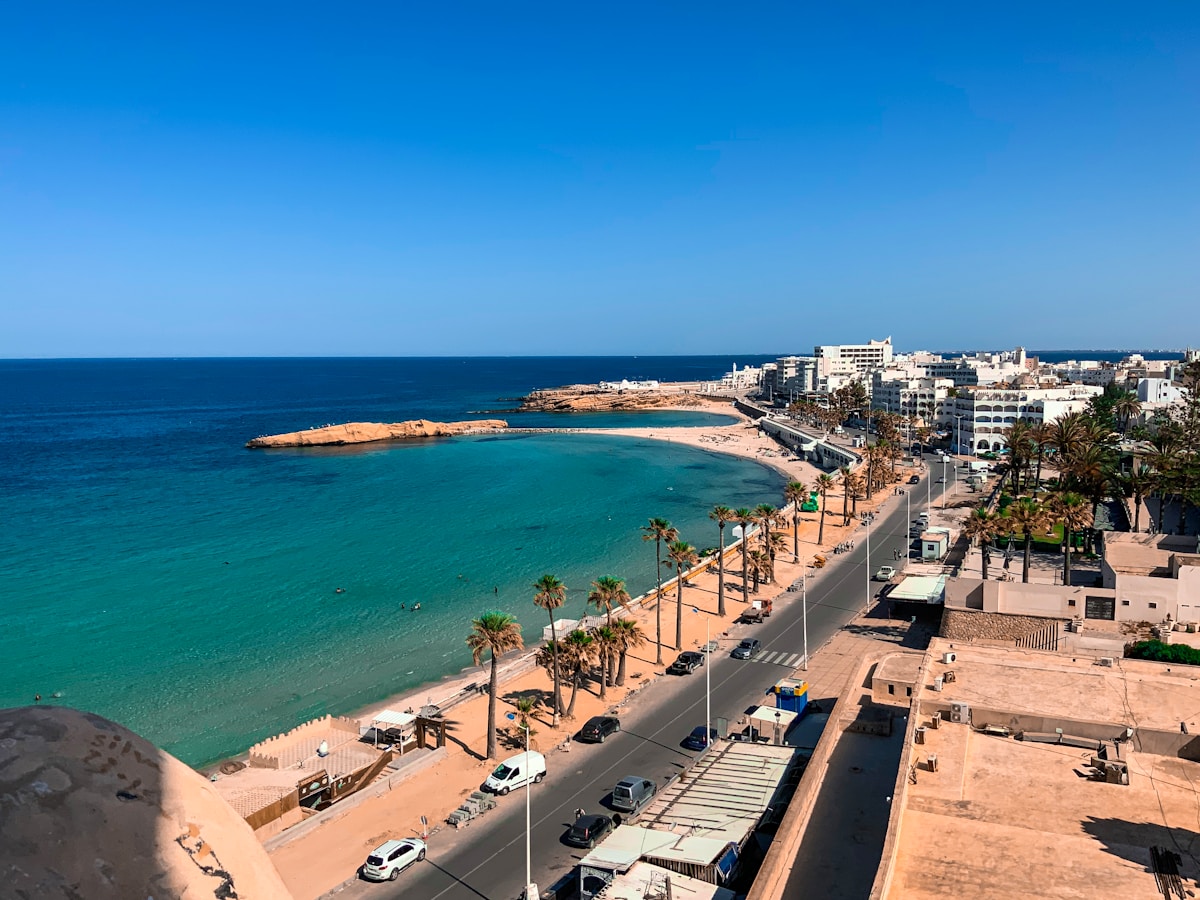 Monastir beach on Tunisia's Mediterranean coast — clear blue water and sandy shore